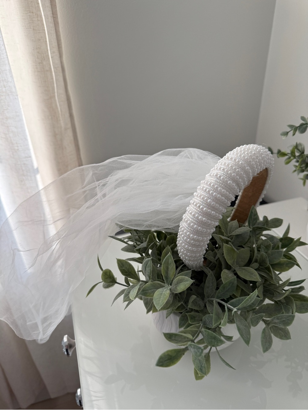 White Beaded Pearl Headband with Veil